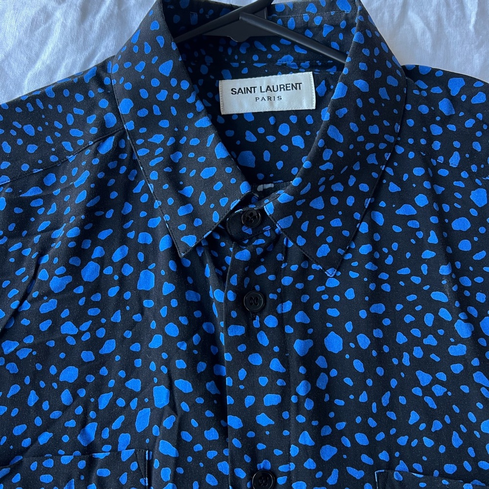 Saint Laurent YSL Blue Black Spotted Viscose Pocket Down Shirt